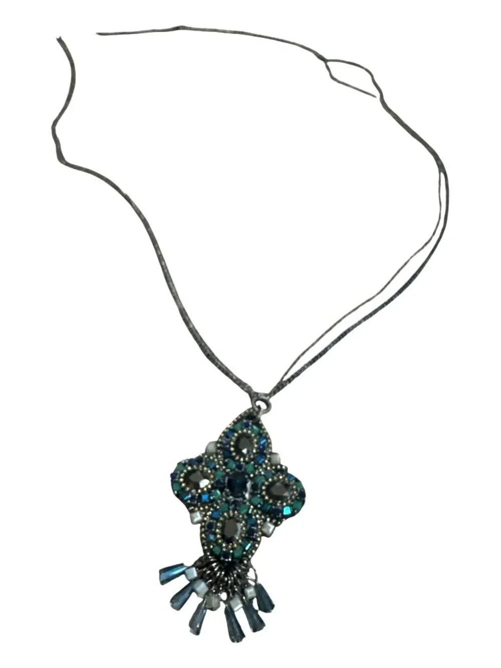 Vintage-Inspired Silver Necklace With Ornate Blue & Green Crystal Pendant